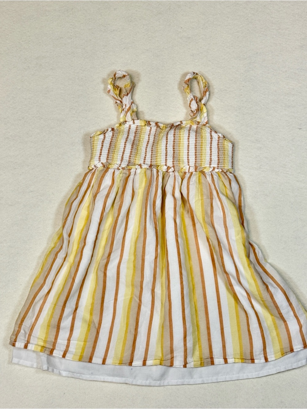 cupcakes & cashmere Yellow White Tan Striped Smocked Summer Dress Sz 6 YY